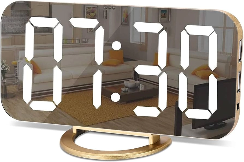 Amazon.com: SZELAM Digital Alarm Clock,LED and Mirror Desk Clock Large Display,with Dual USB Charger Ports,3 Levels Brightness,12/24H,Modern Electronic Clock for Bedroom Home Living Room Office - Gold : Home & Kitchen