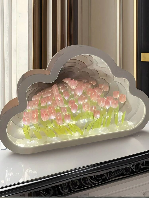 1pc Cloud Mirror Tulip Flower Night Light DIY Craft Birthday Gift (Includes 10pcs/20pcs Flowers)