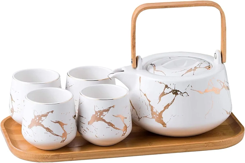 KKGUD Style Japonais Service à thé en céramique, Théière élégante et 4 Tasses à thé avec Plateau en Bois pour Home Restaurant Tea Party - Motifs de Marbre (Blanc)