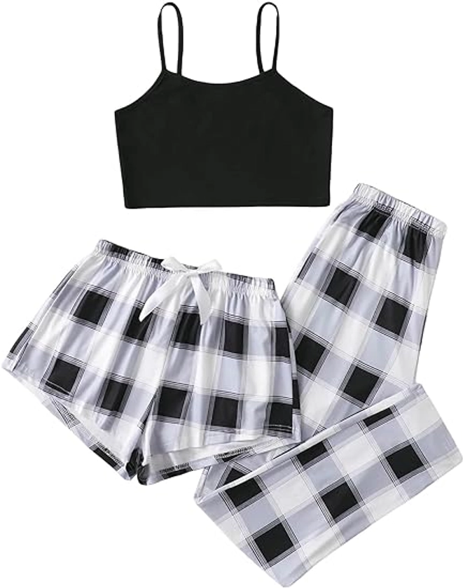 Milumia Women's 3 Pieces Pajamas Cami Top and Plaid Shorts & Pants Pj Sets Sleepwear