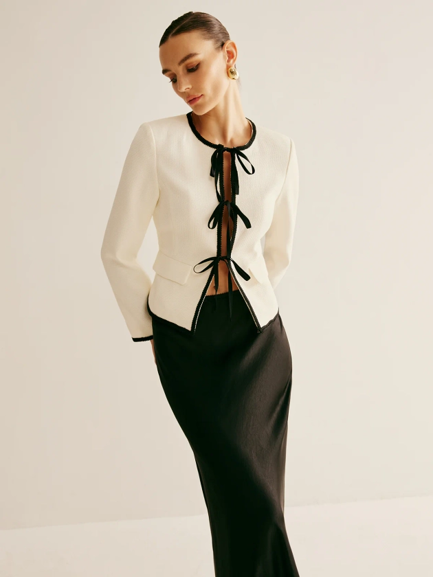 Contrast Trim Tie Front Blazer