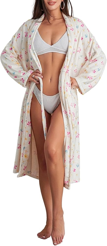 Owl's-Yard Women's Soft Summer Dressing Gown Floral Fruit Print Plush Shawl Collar Bathrobe Warm Lounge Robe with Belt