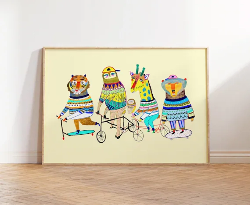 Cool Animals Art Print For Kids and Nursery Rooms - Trendy Playroom Wall Decor Gift For Children and Baby Decoration - Boys/Girls Art Prints