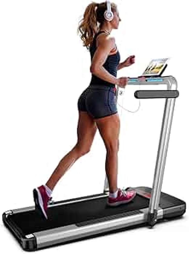 FLYLINKTECH 2 en 1 Tapis de Course Pliable,Home Treadmill, Vitesse maximale 14km/h,Télécommande, Machine de Marche et de Course pour l'exercice de Fitness à Domicile en Intérieur Treadmill silvery