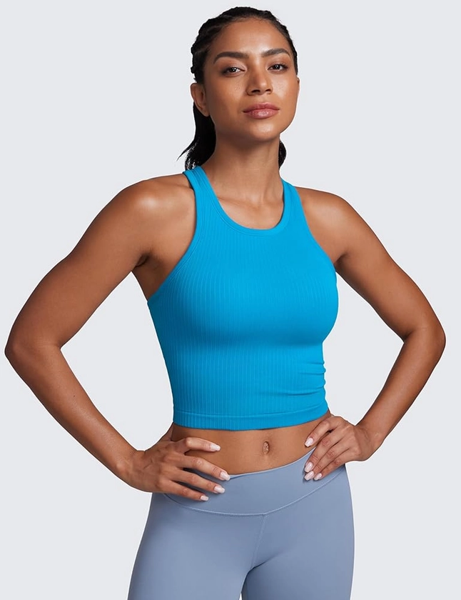 CRZ YOGA Womens Seamless Ribbed Longline High Neck Sports Bra - Racerback Padded Slim Fit Crop Tank Top with Built in Bra