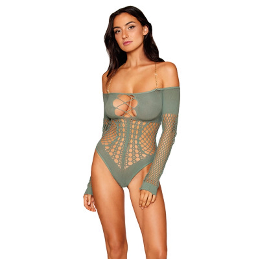 Seamless Long Sleeve Teddy with Removeable Gold Halter Chain