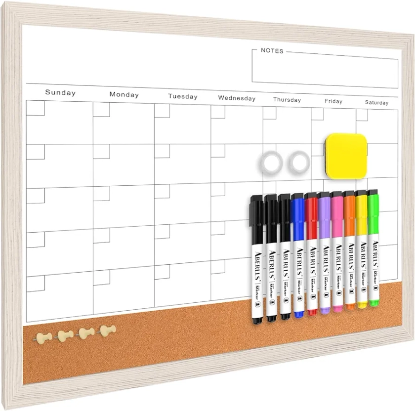 Monthly Whiteboard Calendar & Corkboard for Wall, Magnetic 17"x13" Dry Erase Board with White Wood Framed, 2in1 White Board Cork Board Combo, Calendar Bulletin Board for Kitchen Planner Memo Office