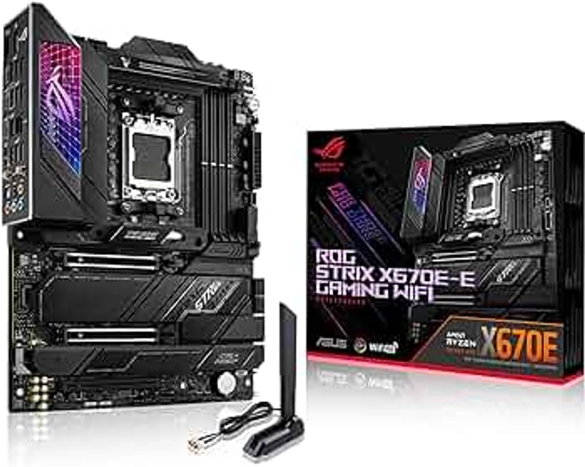 ASUS ROG STRIX X670E-E GAMING WIFI – Carte mère AMD Ryzen AM5 ATX (PCIe 5.0, DDR5, 18+2 phases d'alimentation, 4 x M.2 avec radiateurs, USB 3.2 Gen 2x2, WiFi 6E, AI Cooling II, Aura Sync RGB)