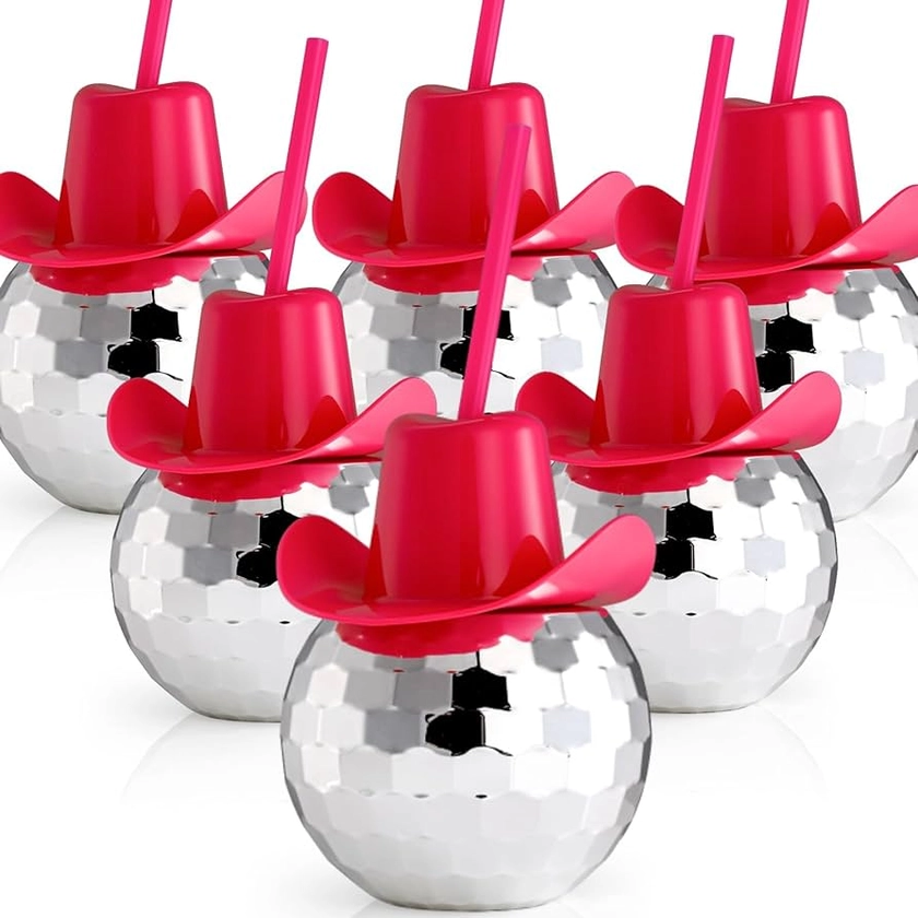 6 Packs Disco Ball Cup Pink Straw, 22 OZ Flash Ball Party Cups with Cowboy Hat Lid, Silver Glitter Cocktail Spherical Cup, Wine Drinking Glass Syrup Tea Bottle for Bar Nightclub Supply