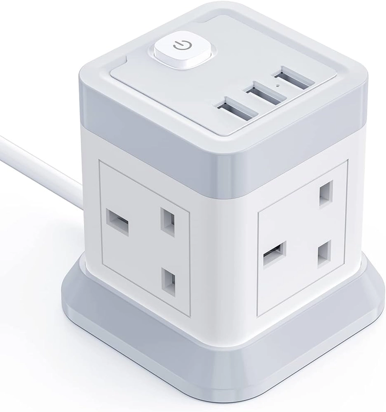 Extension Lead Cube with USB, BEVA 4 Way Power Strip with 3 USB Ports, Desktop Power Extension Socket with 1.5M Extension Cable Cords for Home Dorm Office Travel-WHITE