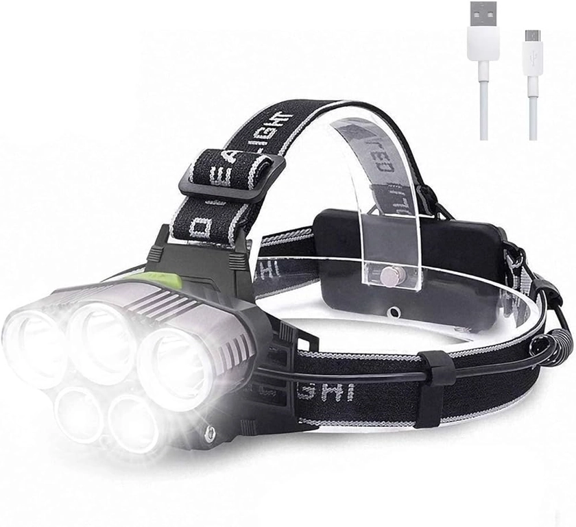 Head Torch, Head Torch Rechargeable with 5 Lights 6 Modes, Rechargeable Head Torch, Led Head Torch for Camping, Fishing, Cycling, Hiking, Waterproof, Head Torches Led Super Bright Rechargeable