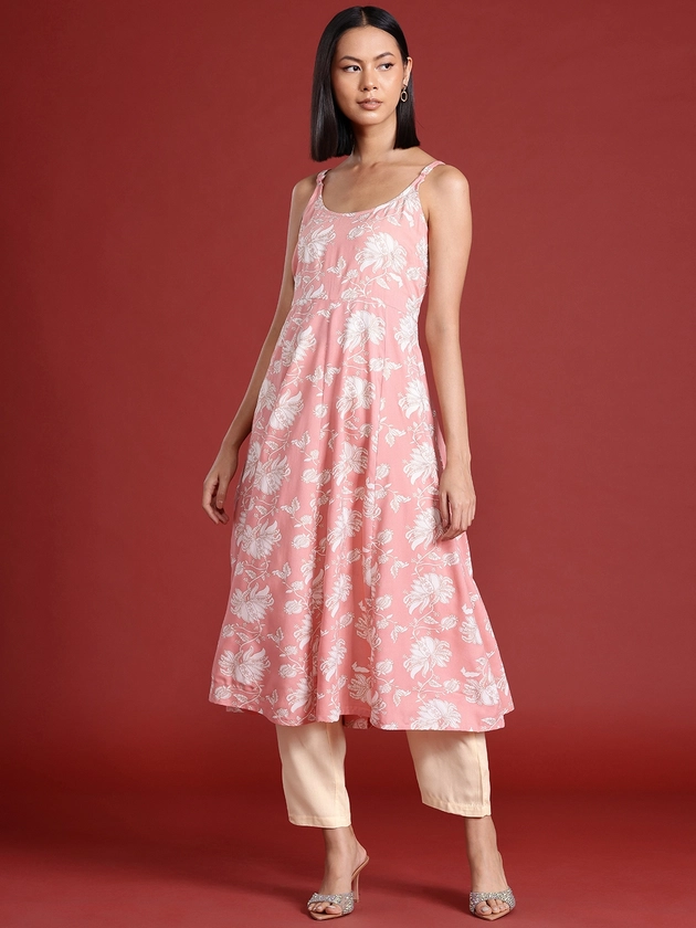 all about you Floral Print Panelled Kurta with Trousers