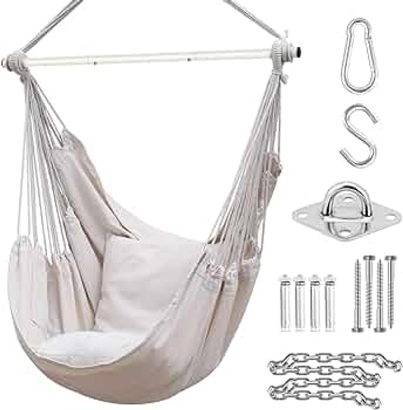 Swing Chair with Hardware Kit: Ohuhu XL Portable Hanging Chairs with 2 Cushions Detachable Metal Support Bar Side Pocket for Indoor Outdoor, Hammock Chair for Patio Bedrooms Teen Girls Room Decor