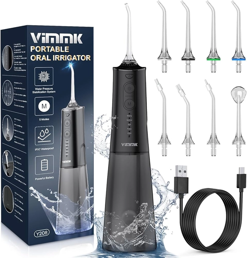 VIMMK Jet Dentaire Hydropulseur et Irrigateurs Oral avec 5 Modes de Pression d'eau et 8 Embouts Remplaçables, Rechargeable et Étanche IPX7, Réservoir 300ML (Noir)