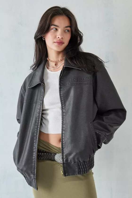 BDG Billy Embossed Logo Faux Leather Bomber Jacket