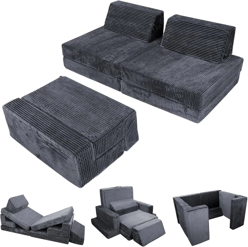 7PCS Kids Play Couch, Premium Modular Kids Play Couch for Toddler Teens, Child Sectional Sofa for Bedroom Playroom Toy Living Room, Prefect Gift for Creative Girls & Boys Flannel, Dark Grey