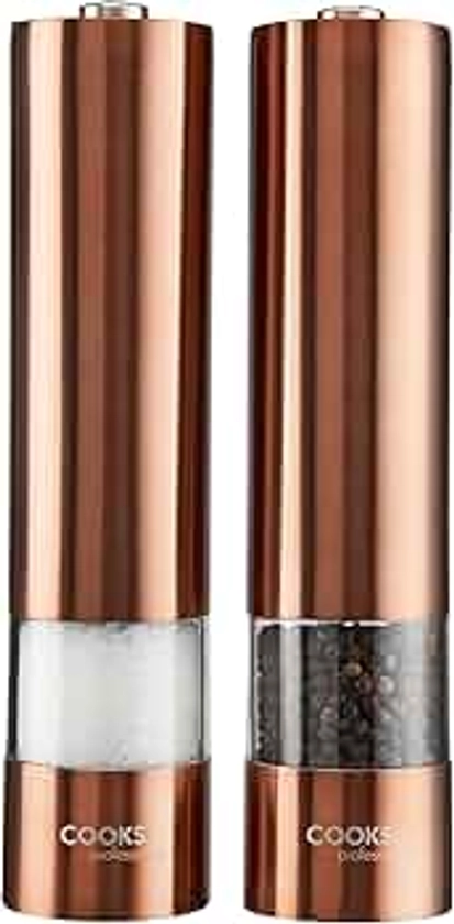 Cooks Professional Electric Automatic Salt & Pepper Mill Set with Adjustable Grinding, Easy to Refill, One Touch Button Condiment Grinder (Copper)��