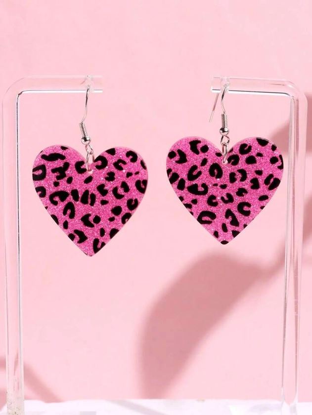 1pair Cute & Fashionable Acrylic Sparkly Pink Leopard Print Heart Shaped Dangle Earrings For Women