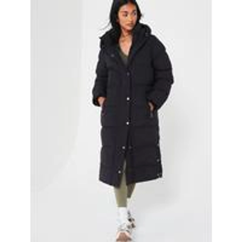 Longline Double Placket Padded Coat - Black