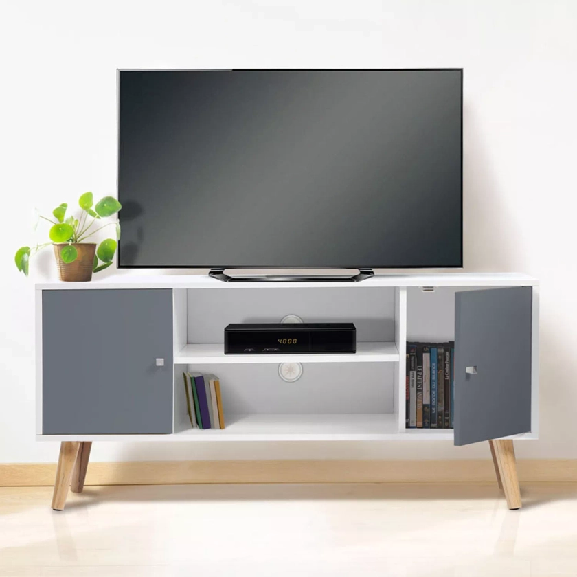 Meuble TV EFFIE scandinave 2 portes bois blanc et gris IDMarket