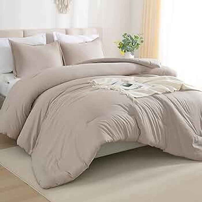 Andency King Size Comforter Set - 7 Pieces Bed in a Bag King Bedding Comforter Sets Oatmeal, Summer Solid Soft Lightweight Comforter with Fitted Sheets, Flat Sheets, Pillowcases & Shams