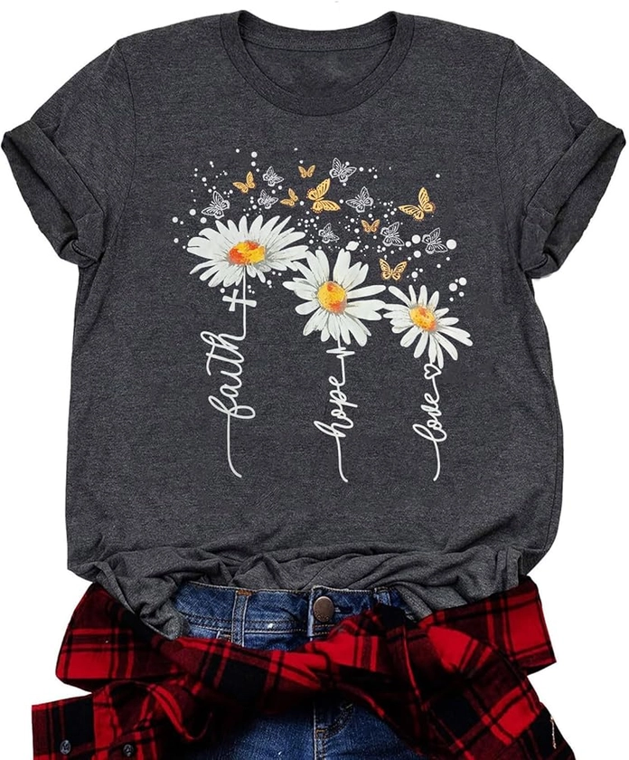 Christian Faith Shirts for Women Butterfly Daisy Graphic Casual T Shirts