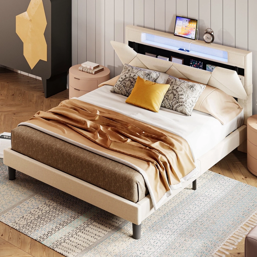 ANCTOR Full Bed Frame with Storage Headboard, Charging Station and LED Lights, Easy Assembly, Beige