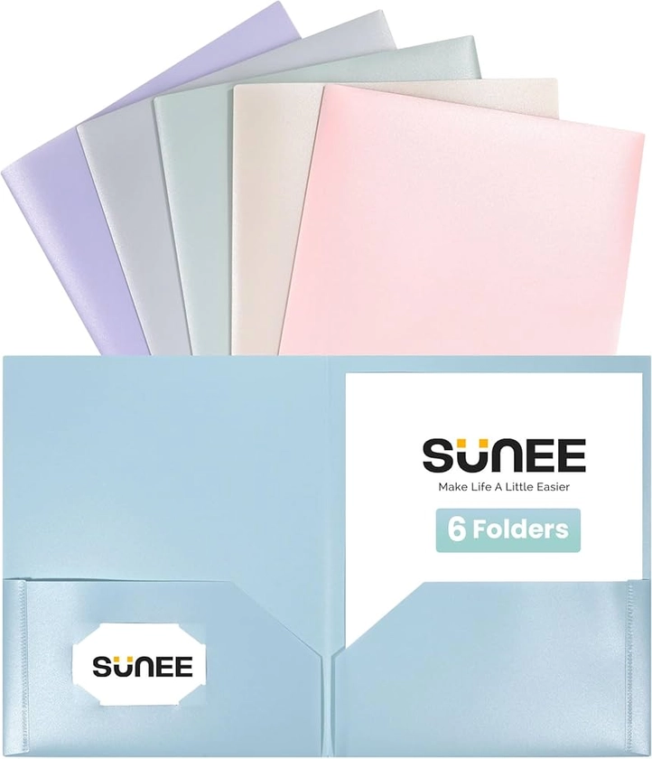 SUNEE 2 Pocket Folders (6 Pack, Pastel Colors) Heavy-Duty Plastic Folders with Pockets, Fit 8.5x11 Letter Size Paper, 2-Pocket File Folders for Kids, Home, School, Office