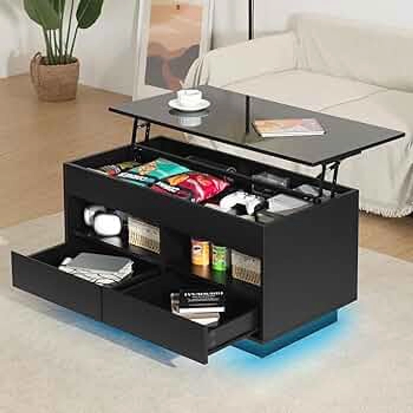 HOMMPA 40'' LED Coffee Table Morden with High Gloss Black Lift Top Dining Table with Hidden Storage Living Room 4 Tiers Tea Table Center Tables Hidden Compartment & 2 Open Shelve & 2 Drawers