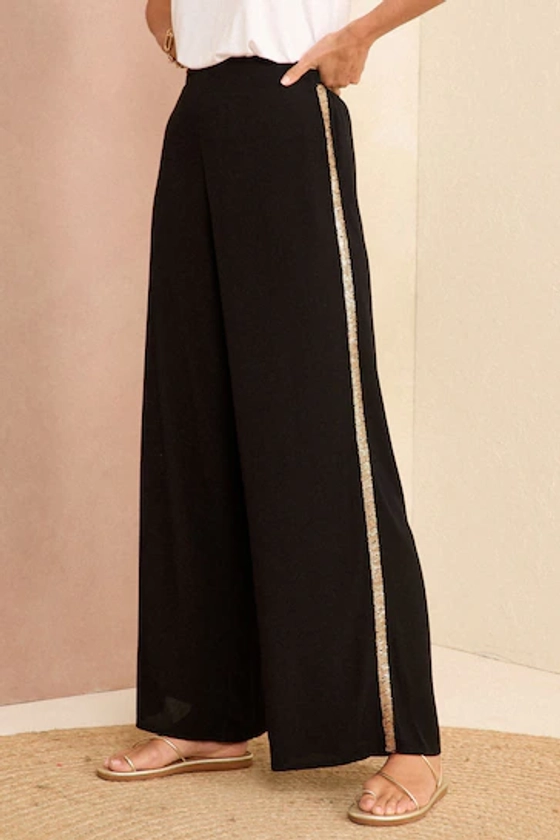 Love & Roses Black Lightweight Side Trim Wide Leg Trousers