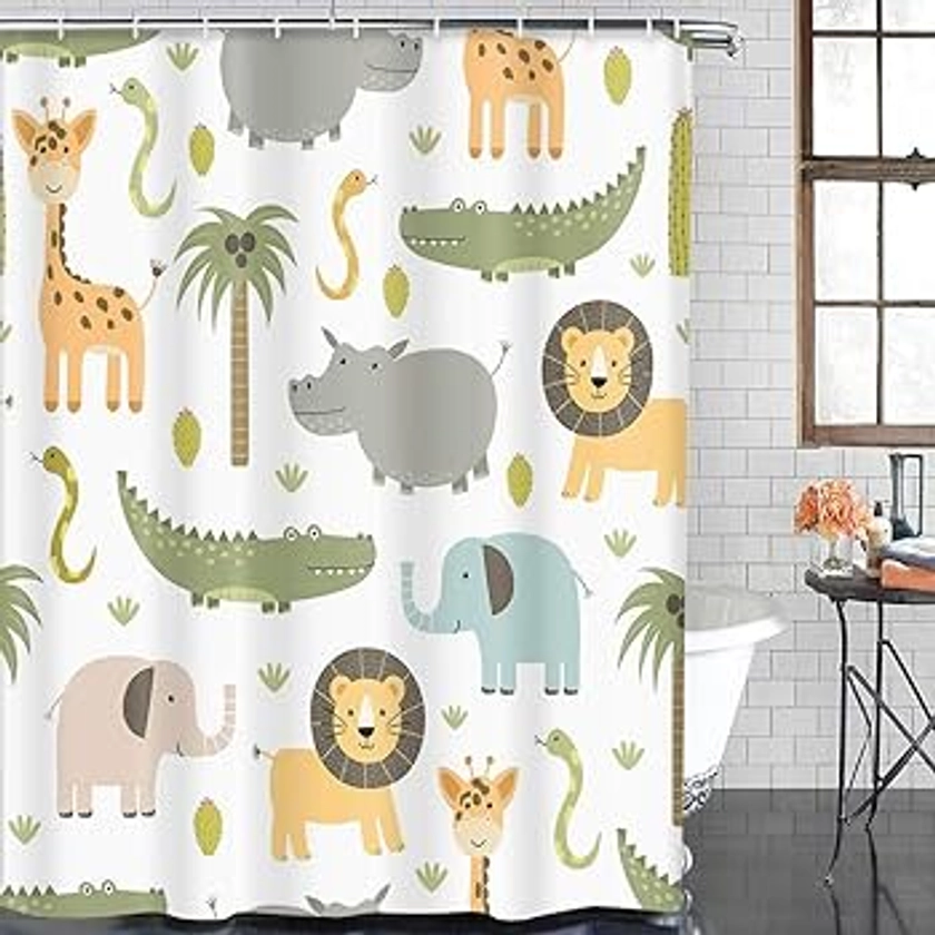 Emvency Shower Curtain Safari Animals with Cute Hippo Crocodile Lion Elephant and Giraffe in Childish Style Waterproof Polyester Fabric 72 x 72 inches Set with Hooks