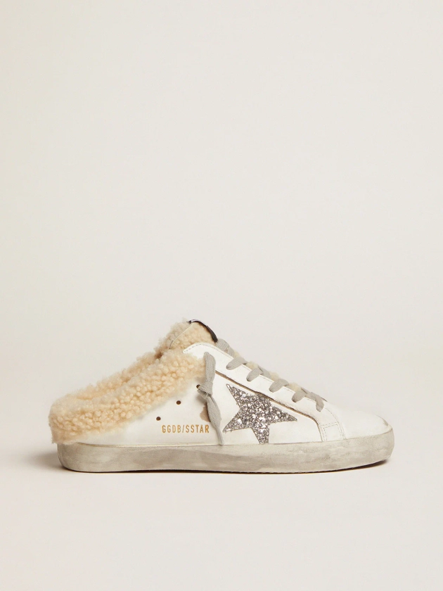 Mules Super-Star femme en cuir blanc avec doublure en shearling | Golden Goose