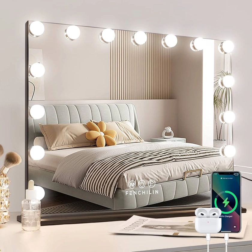 FENCHILIN Miroir Maquillage Miroir Hollywood avec Port de Charge Type C et USB 15 Ampoules LED Miroir Maquillage Grand Miroir cosmétique avec 3 Modes déclairage Miroir de Table Blanc 58x46 cm