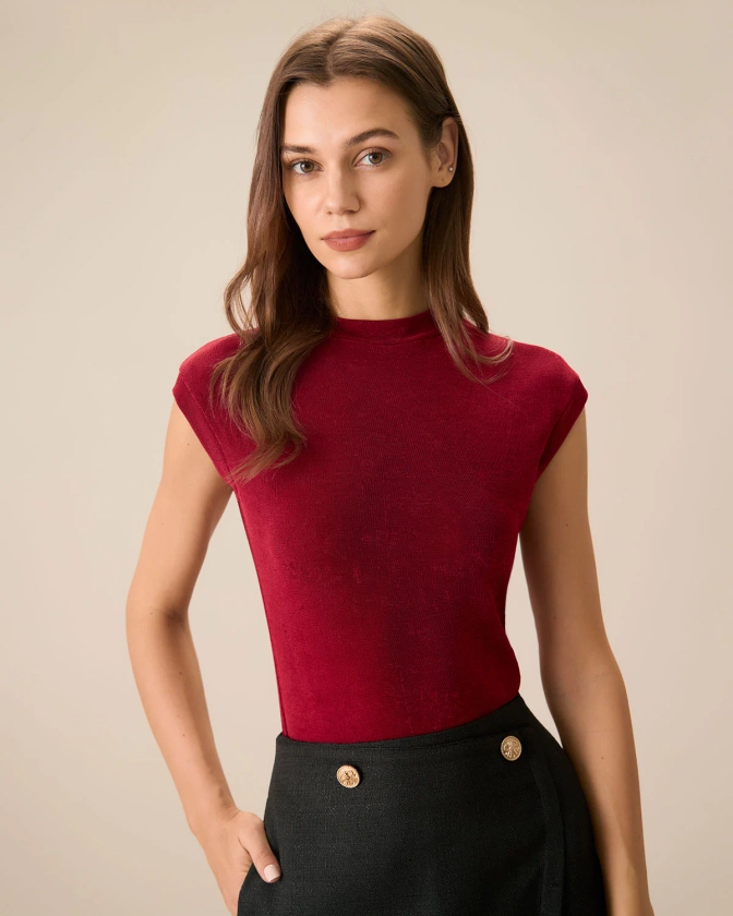 Women's Wine Red Mock Neck Sleeveless Knit Top