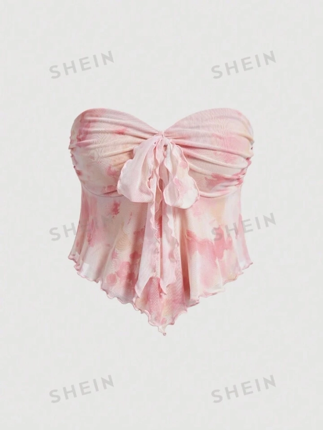 SHEIN MOD Pink Ombre Print Front Knot Elastic Mesh Women Bandeau Top | SHEIN USA