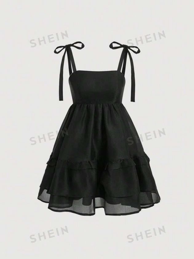 SHEIN MOD Vestido De Pastel Con Mangas Abullonadas Y Tirantes De Tul Negro Para Mujeres