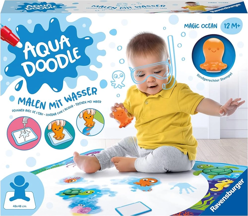 Ravensburger Aquadoodle Magic Ocean 4568 découverte sans Taches avec de l'eau – Kit de tampons avec Tapis en Tissu Magique pour bébés à partir de 9 Mois, 04568