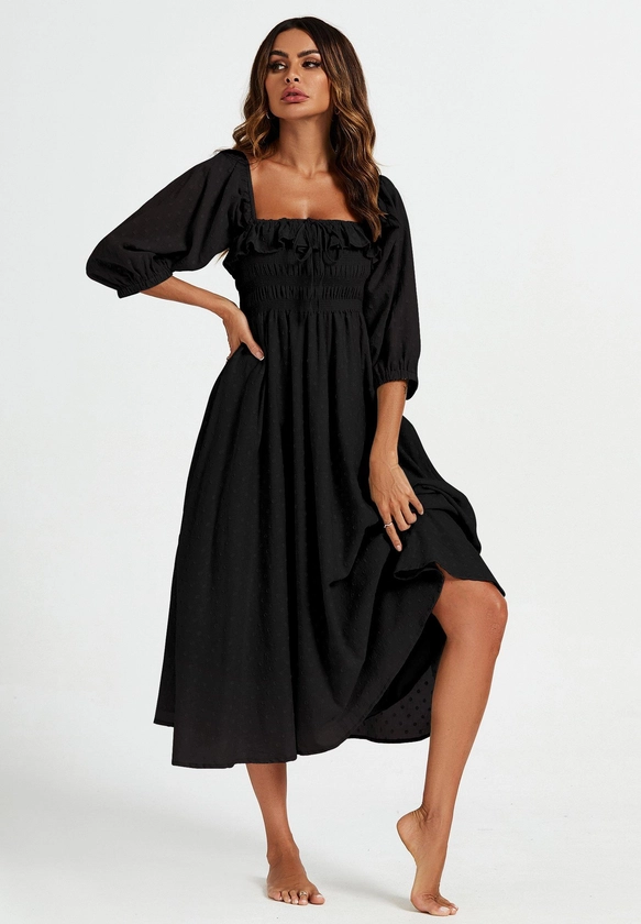 Dresses | Frill Detail Square Neckline Midi Dress In Black | FS Collection