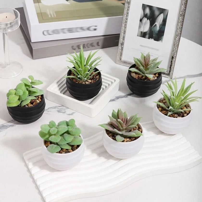 1set Of 6pcs Mini Artificial Succulent Plants In Spiral Flower Pots, Including 3pcs White And 3pcs Black Pots Made Of Pe Material. Perfect As Table Decorations, Home&garden Decor, Office Decor, Party Decor, Hotel&restaurant&living Room&bedroom&wedding&kitchen Decorations, Etc. Suitable For Spring And Summer, Green Forever. | SHEIN UK