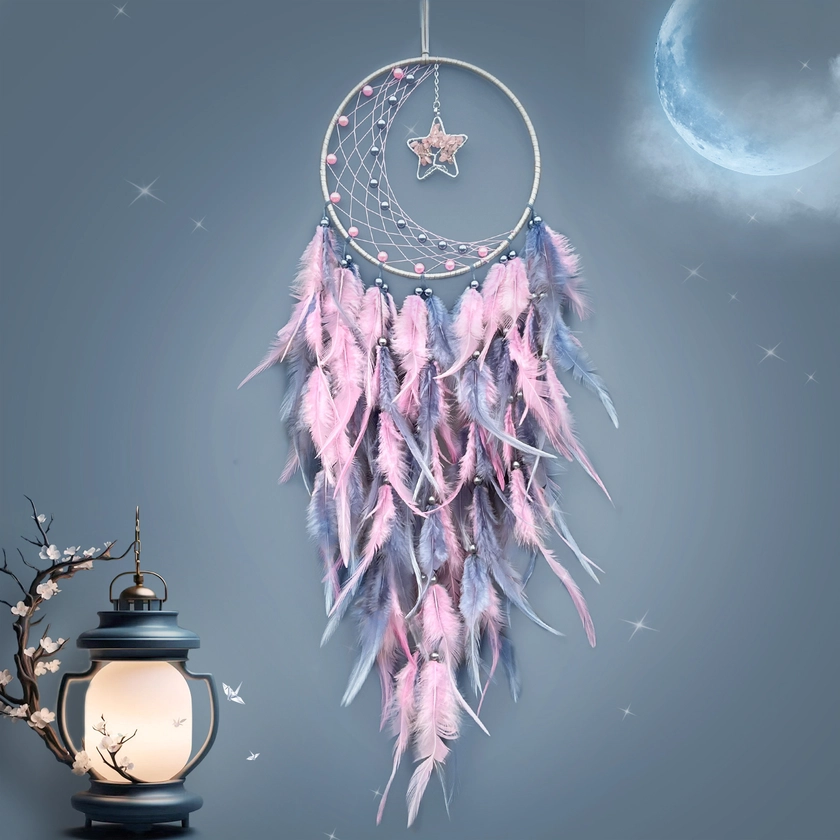 "Artisanal" Luxury Black Feather Dream Catcher With Star Accents - Contemporary Wind Chime Hanging Ornament For Birthdays & Home Decor