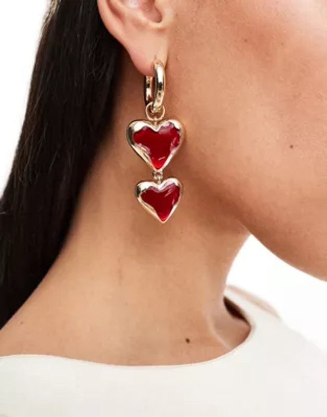 ASOS DESIGN drop earrings with red heart detail in gold tone | ASOS