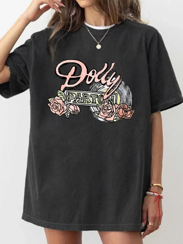Vintage Dolly Parton Rose Record Graphic Washed T-Shirt