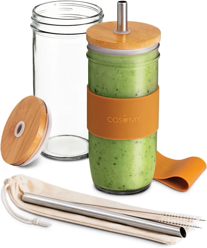 Cosumy Mason Jar avec Paille - Verre Bubble Tea avec Paille et Couvercle en Bambou - Lot de 2-720ml - Réutilisable - Verre pour Smoothies - Passe au Lave-vaisselle