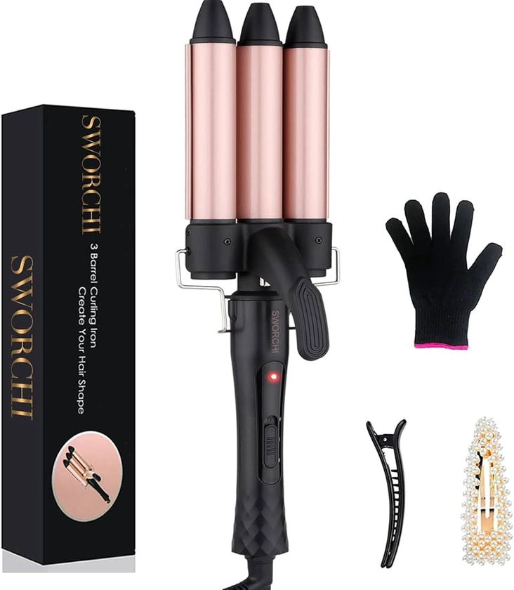 3 Barrel Hair Waver Curler Mermaid Hair Curling Wand 25MM Crimper Ceramic Tourmaline Beach Waves Tongs Fast Heating Deep Curly Iron with Temperature Control for Women Girls Hair Styling Tools (Rose) : Amazon.co.uk: Beauty