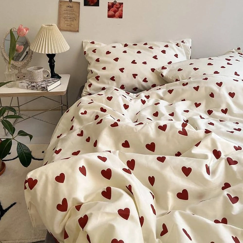 Michorinee Red and White Heart Double Duvet Cover Set Aesthetic Red Love Heart Bedding Set Microfiber Quilt Cover 200x200 cm Zipper Closure with 2 Pillowcase 50x75 cm