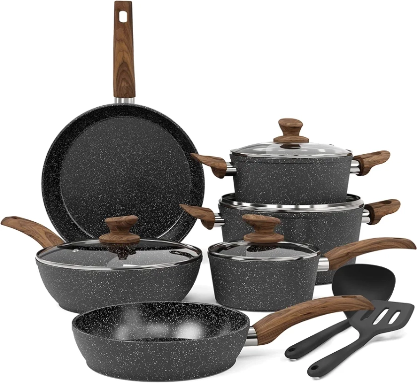 Kitchen Academy Induction Hob Pots and Pans Set - 12 Piece Cooking Pans Set, Black Granite Kitchen Cookware Set,Nonstick Saucepan Set PFOS & PFOA Free