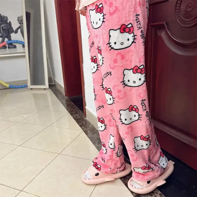 Sanrio Hello Kitty Fleece Coral Pajama Pants Soft Trousers Women Casual Home Trousers Kawaii Anime Cartoon Birthday Gift - AliExpress 