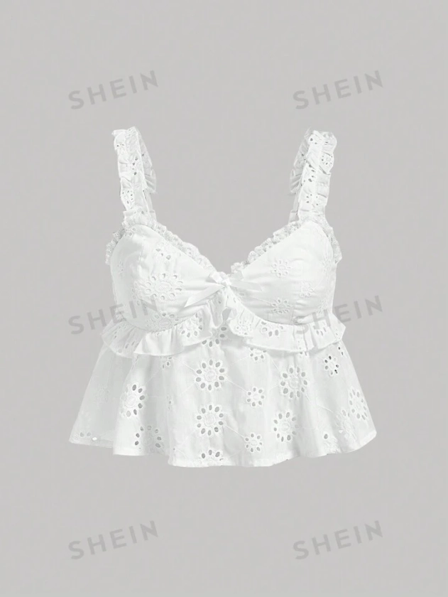 SHEIN MOD White Pleated Eyelet Embroidery Hollow Out Summer Holiday A-Line Sleeveless With Bowknot, Cute Tank Top,Comfy Tank Top,Flowy Tank Top | SHEIN USA