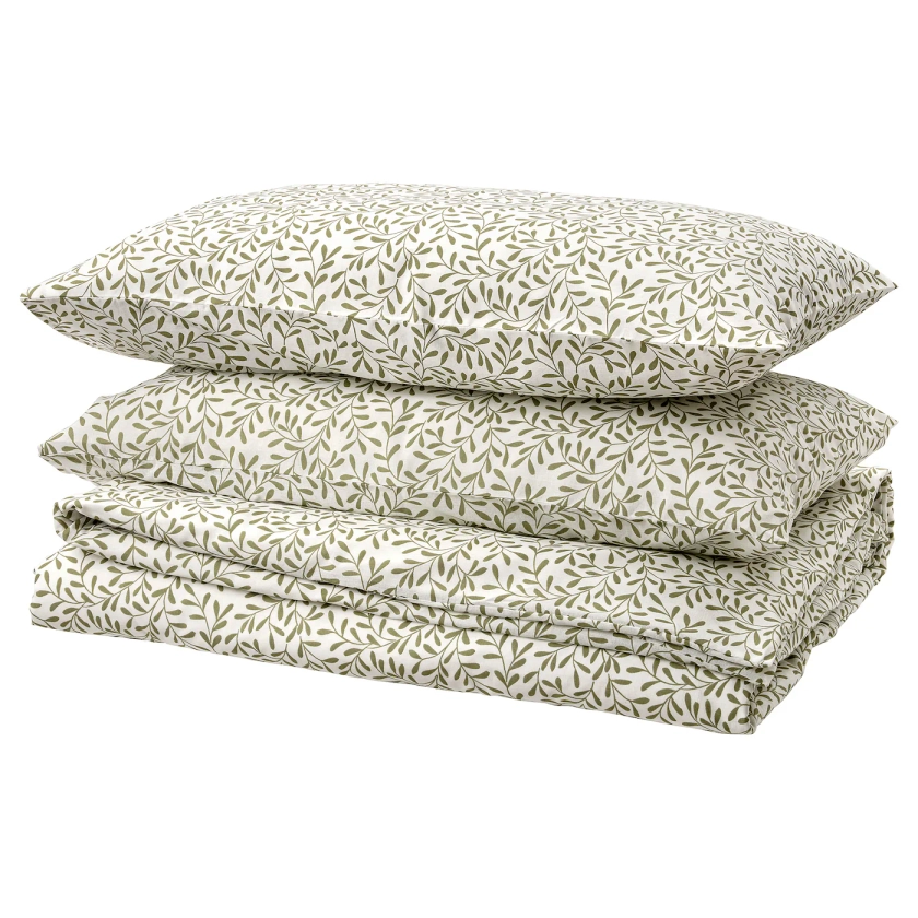 SORGMANTEL Duvet cover and 2 pillowcases - white/green 200x200/50x80 cm