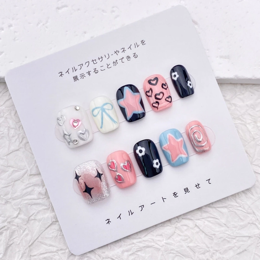 Hand Painted Star Nail/Cute Short Y2k Nail/Summer Bright Colorful Nail/Handmade Press on Nail/Sweet Cool Nail/Trendy Popular Nail